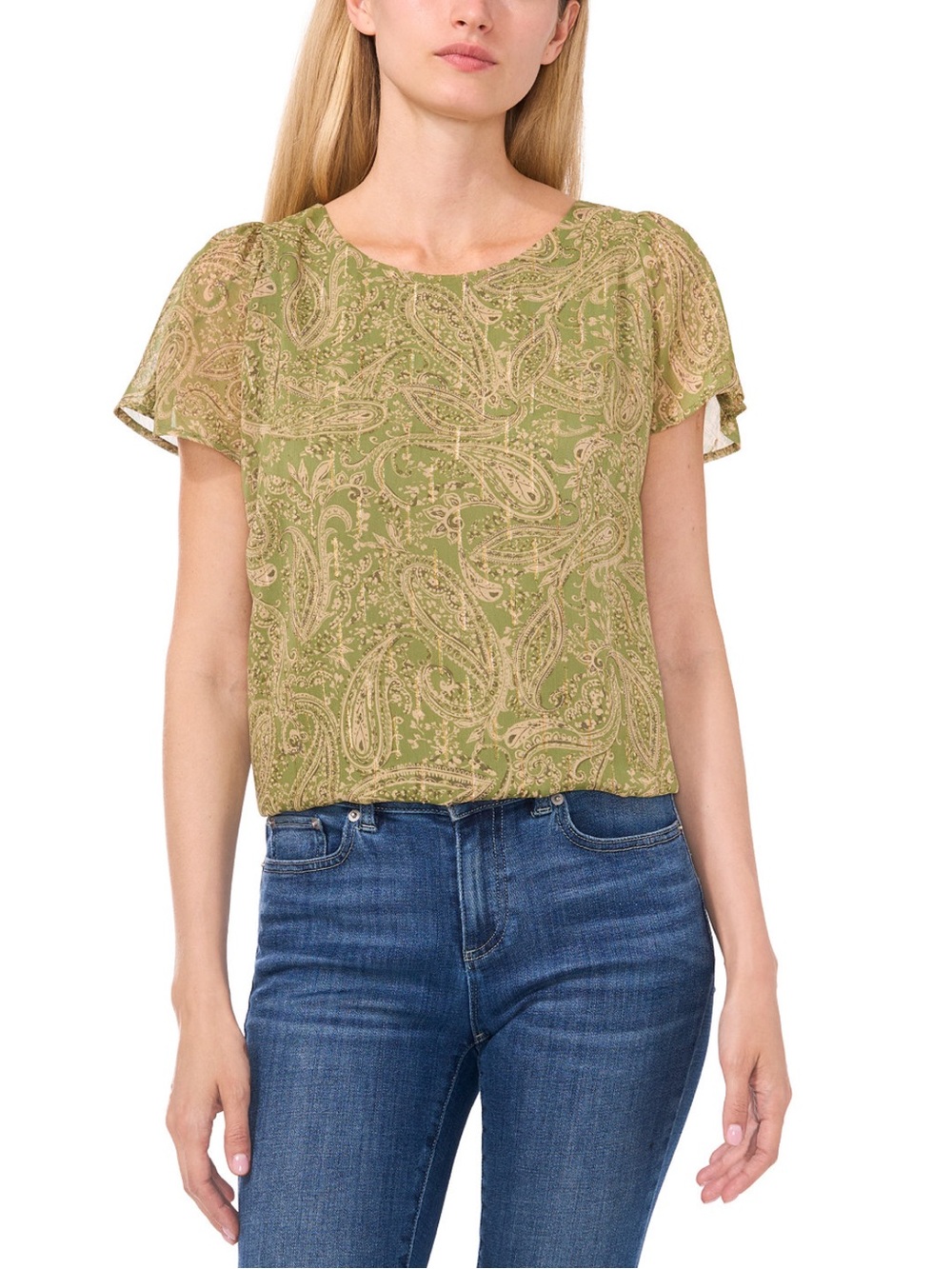 NWT CeCe Sz XL Women’s Green Glitter Flutter Sleeve Crewneck Blouse Top Ret $69!